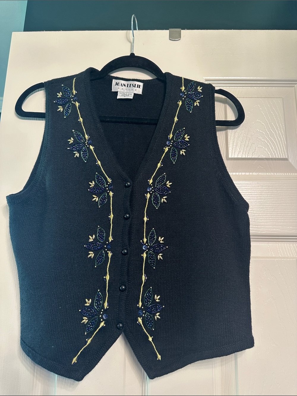 Joan Leslie Black Embroidered V-Neck Button Tank Vest